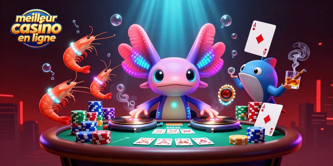 Le meilleur casino en ligne avec des personnages animés dans une scène dynamique de poker et de fête sous-marine.