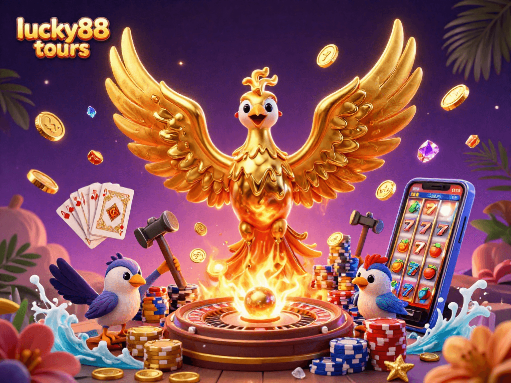 Experience exciting gameplay at lucky88 tours with vibrant 3D casino elements and winning symbols.