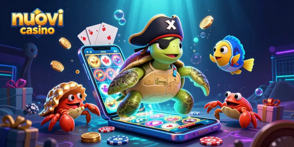 Scopri nuovi casino con un'illustrazione ricca di dettagli che mostra una tartaruga pirata e un granchio in un mondo sottomarino.