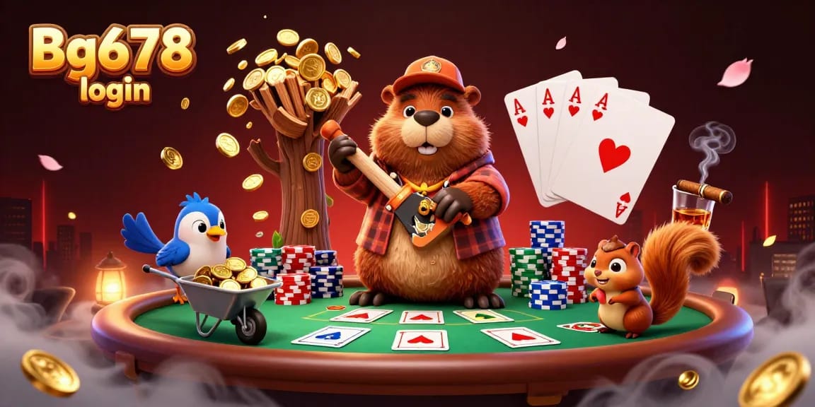 Experience Bg678 login with a lively 3D scene of beaver, bird, and squirrel amidst poker elements.