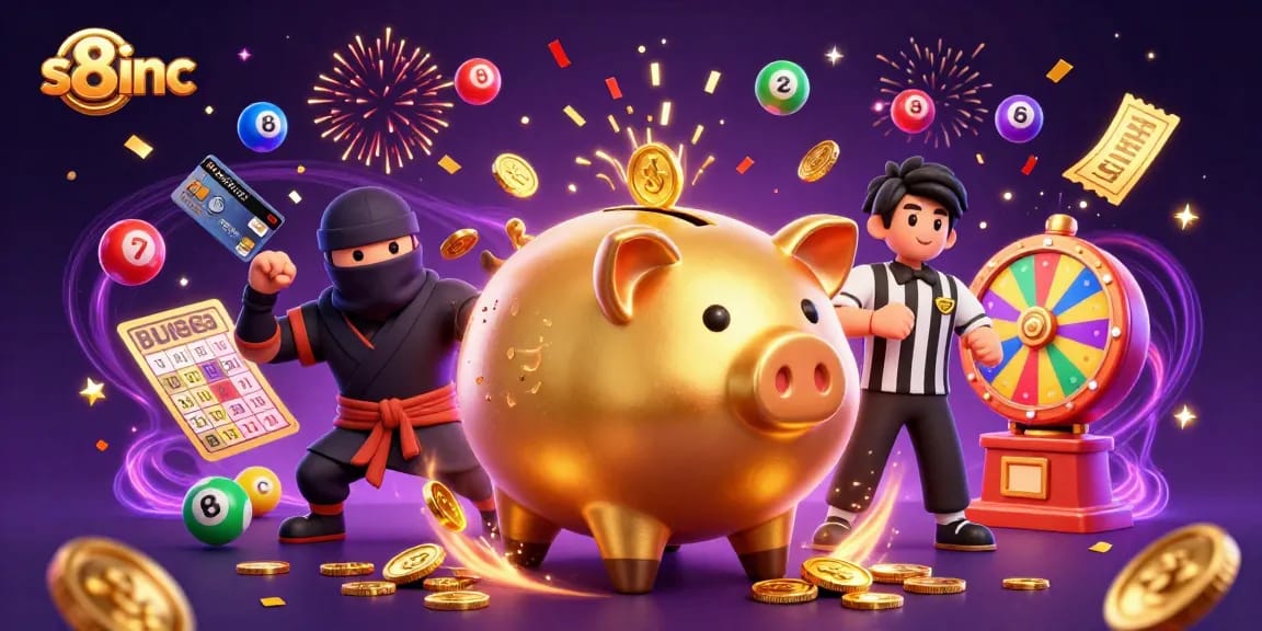 Experience the excitement of s8inc with a lively casino battle featuring a golden piggy bank sumo wrestler and dynamic game elements.