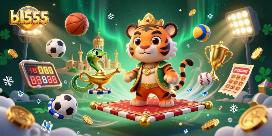 Engage with bl555's casino excitement through a dynamic 3D illustration featuring a tiger sultan, lively sports elements, and vibrant gold accents.