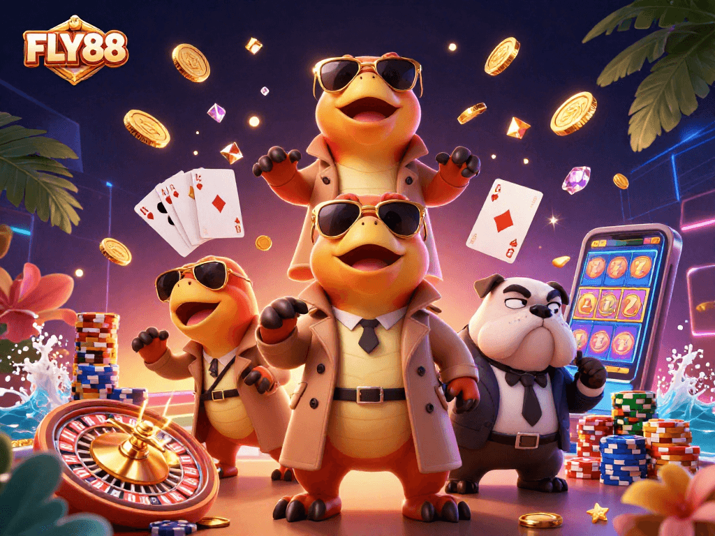 FLY88 raptors in a trench coat attempting to sneak into a VIP casino, vibrant scene with dynamic elements.