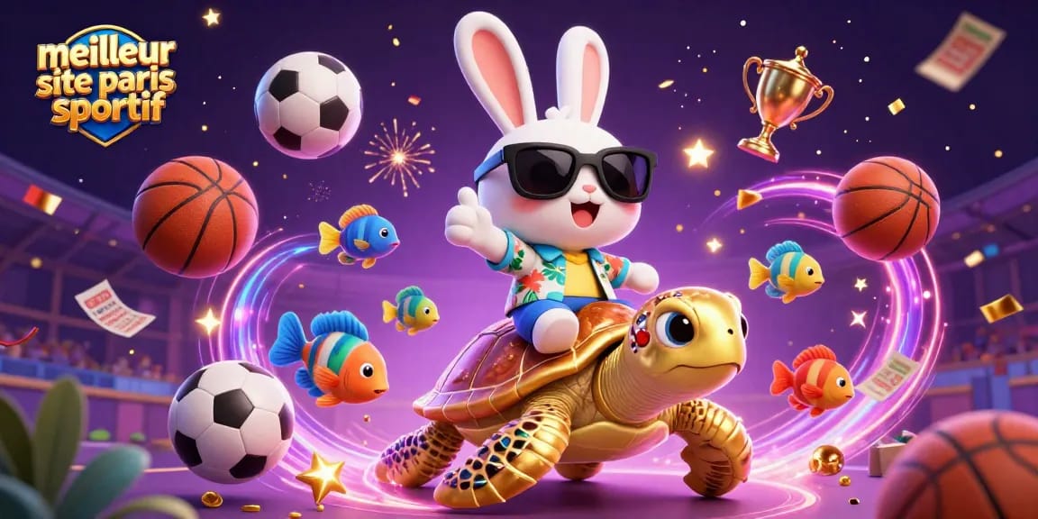 Illustration dynamique montrant un lapin chanceux et une tortue géante, symboles de paris sportif sur le meilleur site de paris sportif.