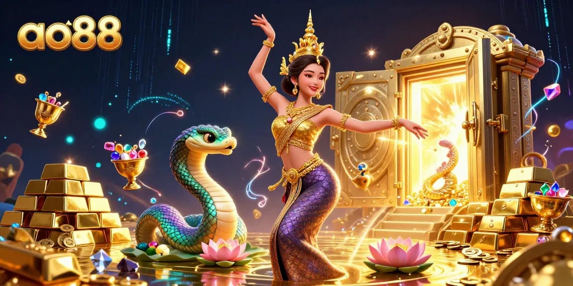 Join the excitement of ao88 as a beautiful Thai dancer and rainbow Naga serpent celebrate riches in a vibrant casino.