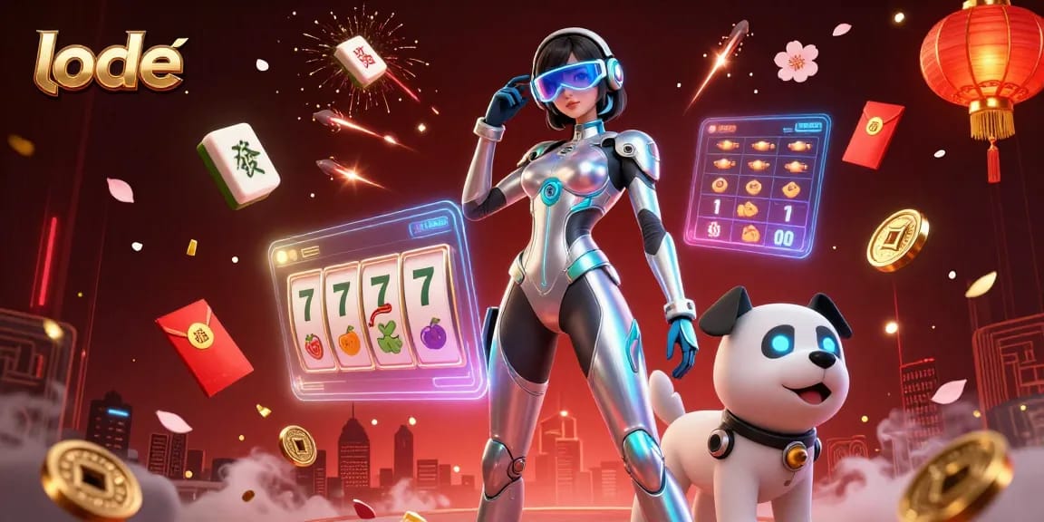 Play the lode slots with vibrant 3D graphics showcasing a futuristic woman, robot dog, and dazzling casino elements.