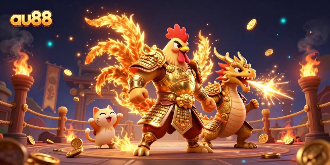 Experience thrilling gameplay at au88 with a fierce rooster warrior and dragon in an epic casino scene.