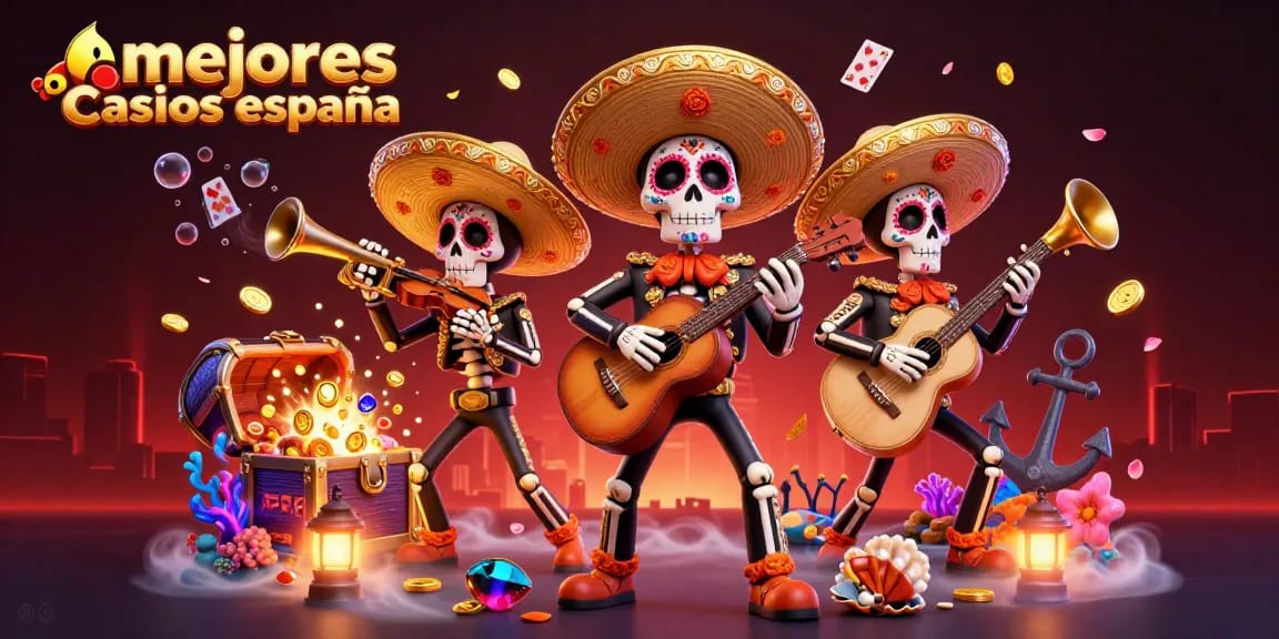 Descubre los mejores casinos en España mientras los muertos celebran con música en un vibrante fondo.