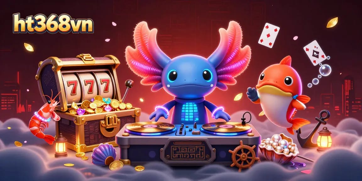 ht368vn offers an exciting game scene with vibrant axolotl DJ, shrimp dancers, and slot machine action.
