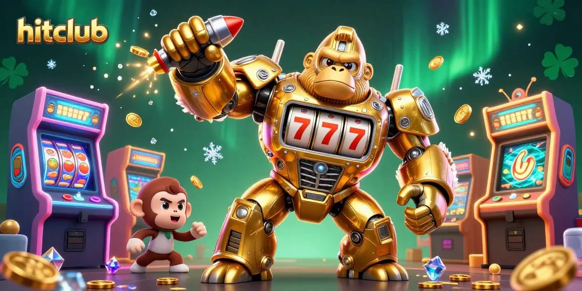 Hitclub's engaging scene with a golden gorilla mech, coins, and vibrant slot game graphics.