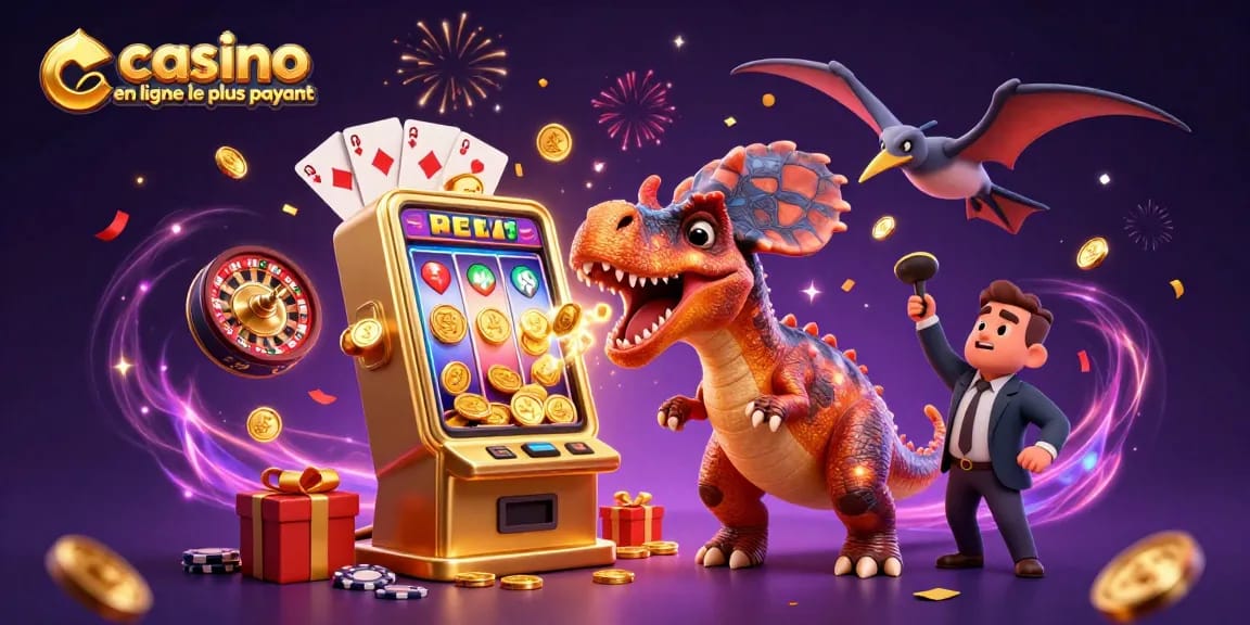Le casino en ligne le plus payant dévoile un pachycephalosaurus frappant une machine à sous dorée pour débloquer des pièces, tandis qu'un ankylosaure paniqué gère la scène.