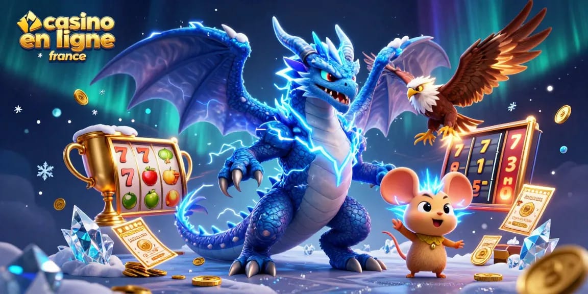 Image illustrant un dragon de casino en ligne France gagnant avec des machines à sous autour, créant de l'excitation et du dynamisme.