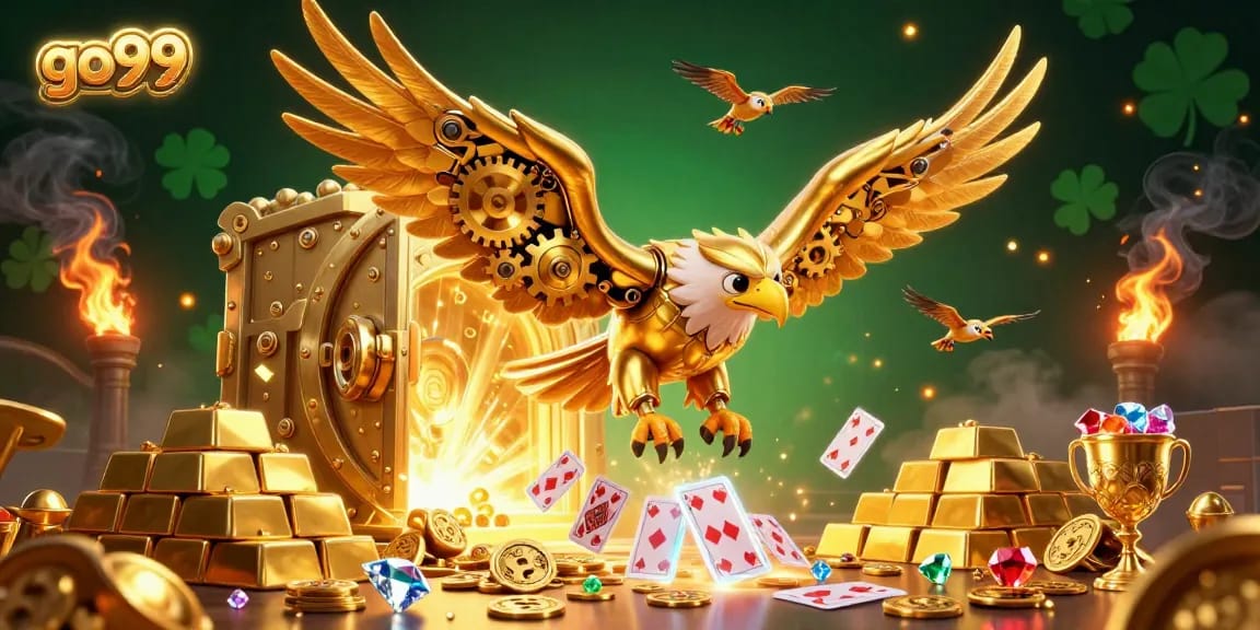 Experience the excitement of go99 with a cybernetic eagle amidst treasure and playing cards in a dazzling casino scene.