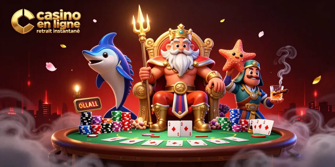 Découvrez les jeux de casino en ligne retrait instantané avec Neptune entouré de cartes et de jetons colorés.