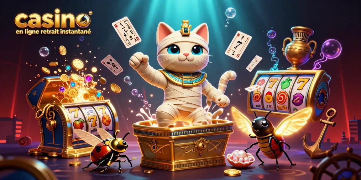 Profitez du casino en ligne retrait instantané avec une illustration dynamique 3D d'un chat momie égyptien.
