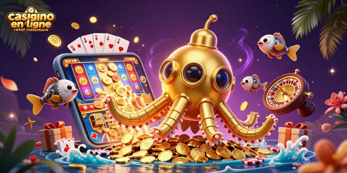 Jouez au casino en ligne retrait instantané avec notre sous-marin kraken en or et des jeux colorés.