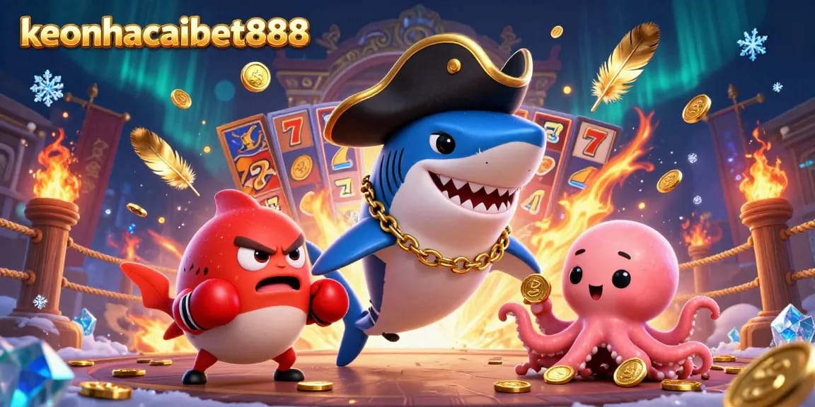 Engage with the keonhacaibet888 interactive gaming scene featuring a pirate shark, boxing pufferfish, and octopus with coins.