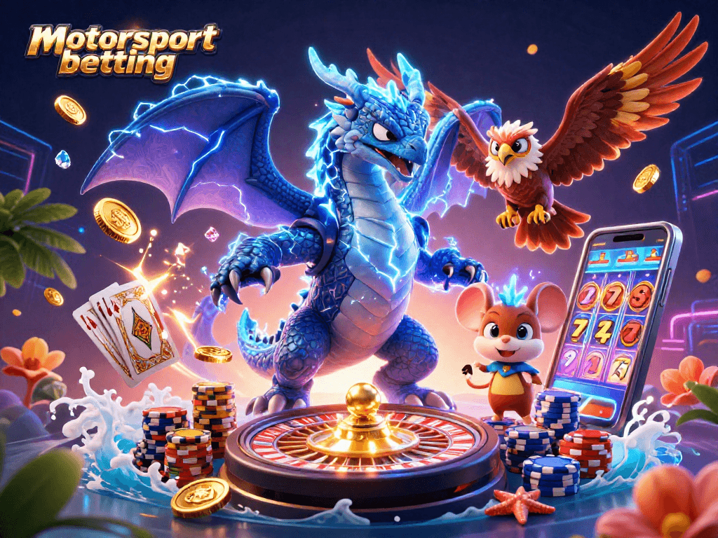 Engage in thrilling motorsport betting with dynamic visuals of dragons, coins, and games.