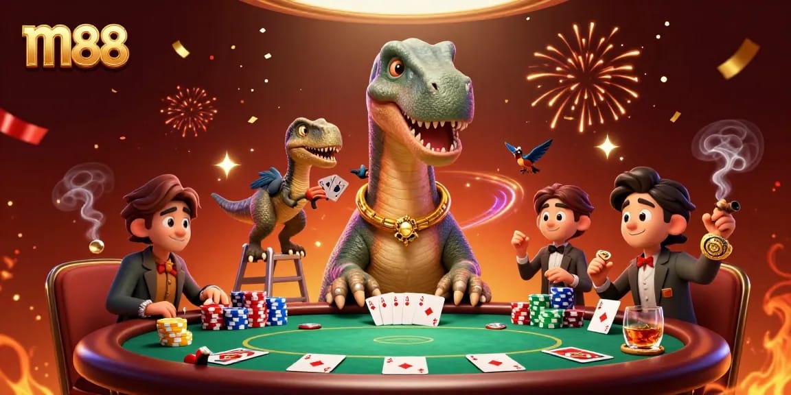 M88's exciting online casino featuring a giant brontosaurus and clever raptor dealer in a lively poker scene.