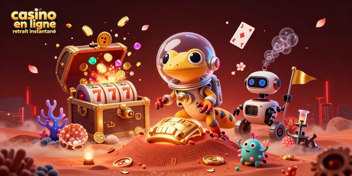 Illustration de casino en ligne retrait instantané avec un gecko martien et un rover dans un paysage dynamique.