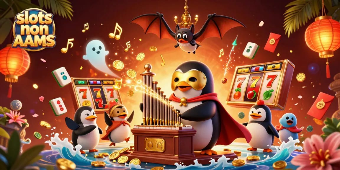 Gioca slot non AAMS con il pinguino fantasma che suona l'organo d'oro in un'illustrazione vibrante.