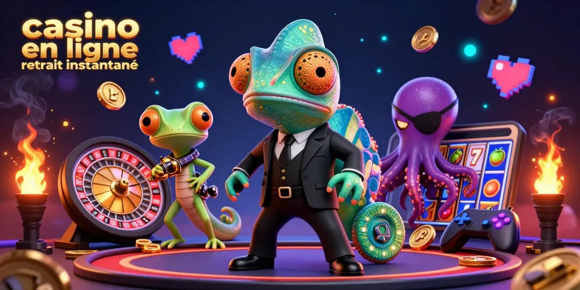 Illustration dynamique d'un casino en ligne retrait instantané, avec un caméléon et un gecko entourés d'éléments de jeu.