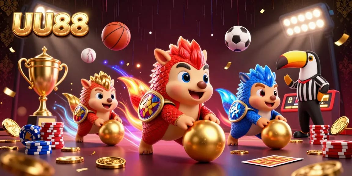 Experience exhilarating gaming with UU88 featuring vibrant pangolins bowling through poker chips.