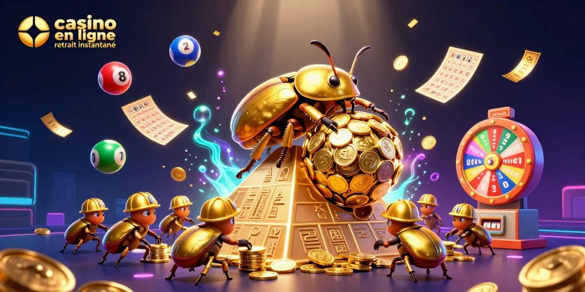 Une illustration dynamique représentant un casino en ligne avec retrait instantané, montrant une scène animée de jeux de loterie et de billetterie.