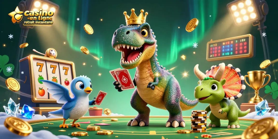 Casino en ligne retrait instantané : T-Rex jouant aux cartes avec un ptérodactyle dans une scène dynamique.