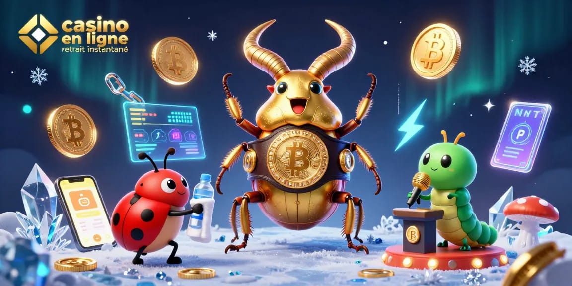 Une illustration 3D d'un casino en ligne retrait instantané animée par un scarabée doré, représentant l'excitation des jeux d'argent.