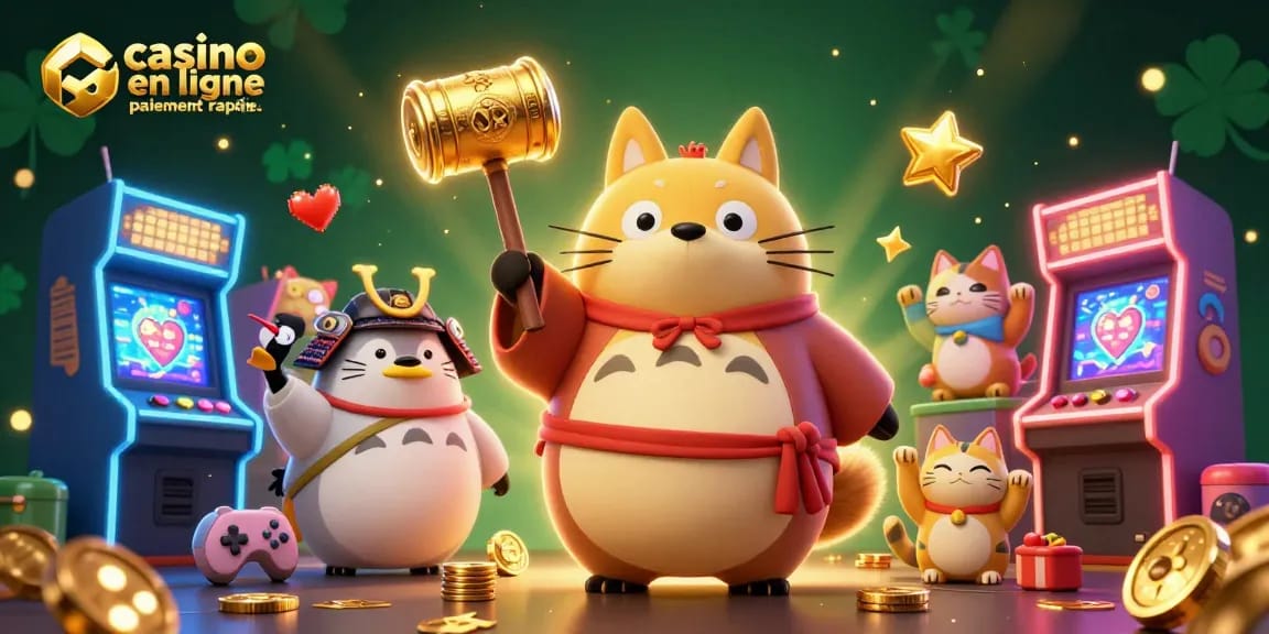 Illustration dynamique sur le thème du casino en ligne paiement rapide avec un tanuki, un héron et des maneki-neko.