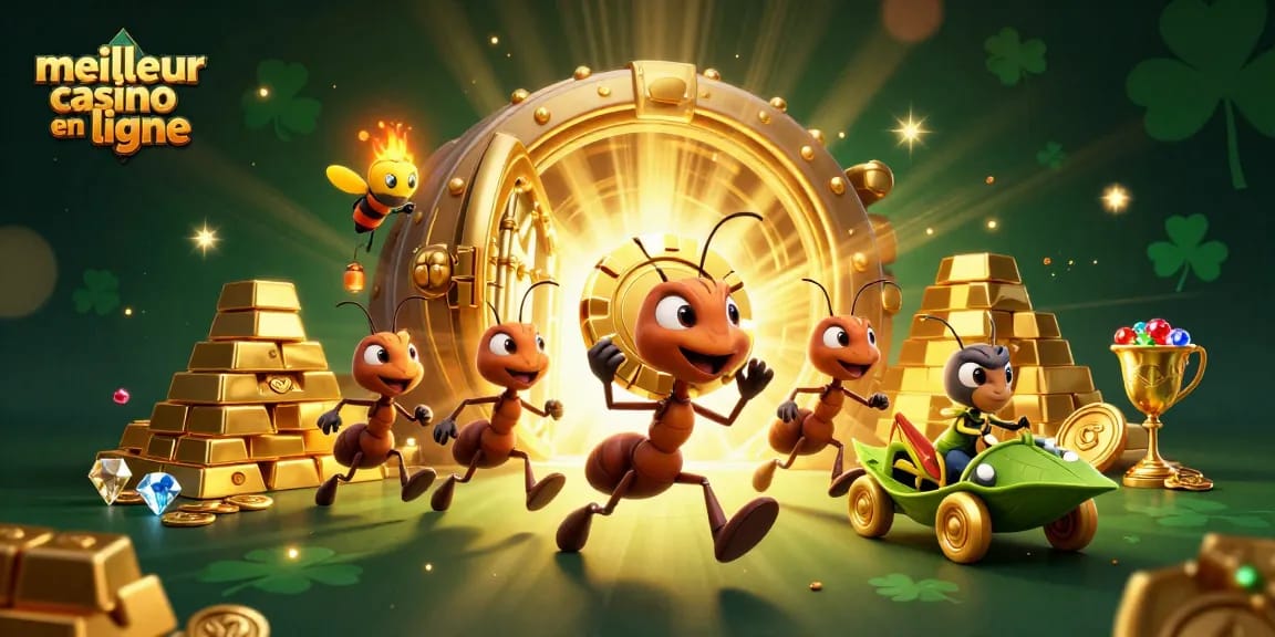Découvrez le meilleur casino en ligne avec des fourmis apportant un jeton de poker géant dans une scène dynamique et riche.