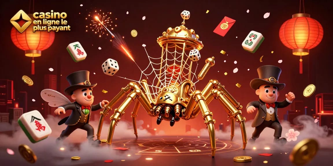 Illustration dynamique avec une araignée steampunk dorée tissant une toile, représentant le casino en ligne le plus payant.