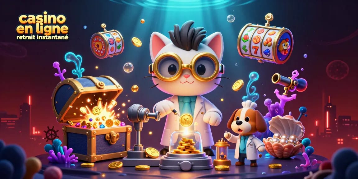 Illustration d'un chat scientifique fou dans un casino, créant des pièces d'or, représentant casino en ligne retrait instantané.