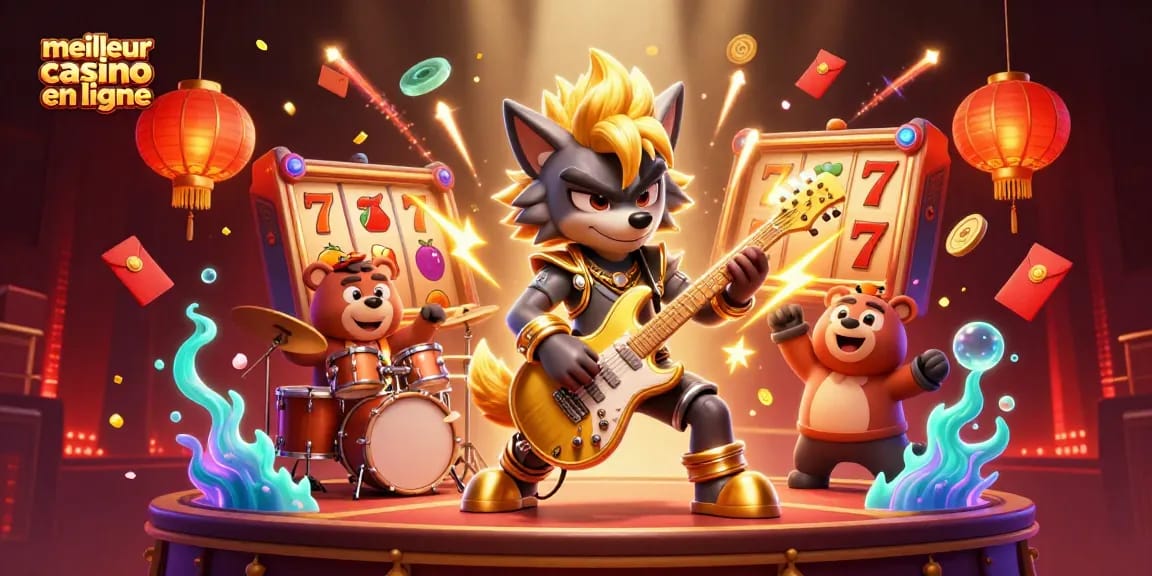 Profitez du meilleur casino en ligne avec un loup rock star et un ours batteur sur scène.