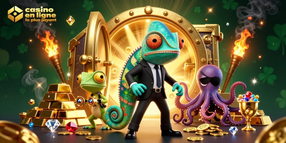 Découvrez le casino en ligne le plus payant avec une illustration dynamique d'agents épiques devant un coffre rempli de trésors.
