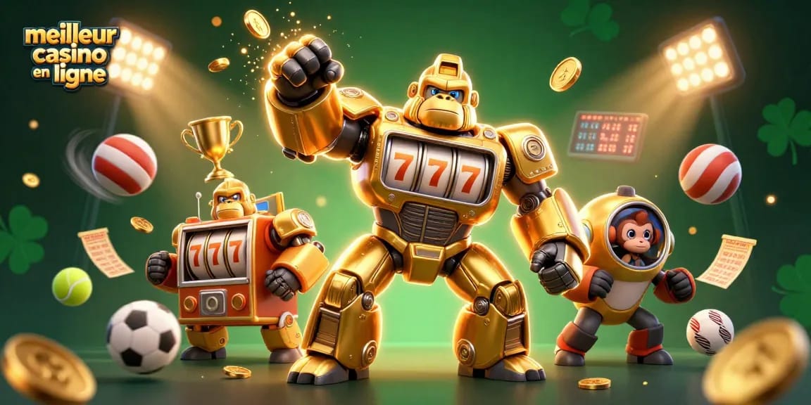 Illustration de la marque meilleur casino en ligne avec mech gorille, machines à sous, et pièces d'or.