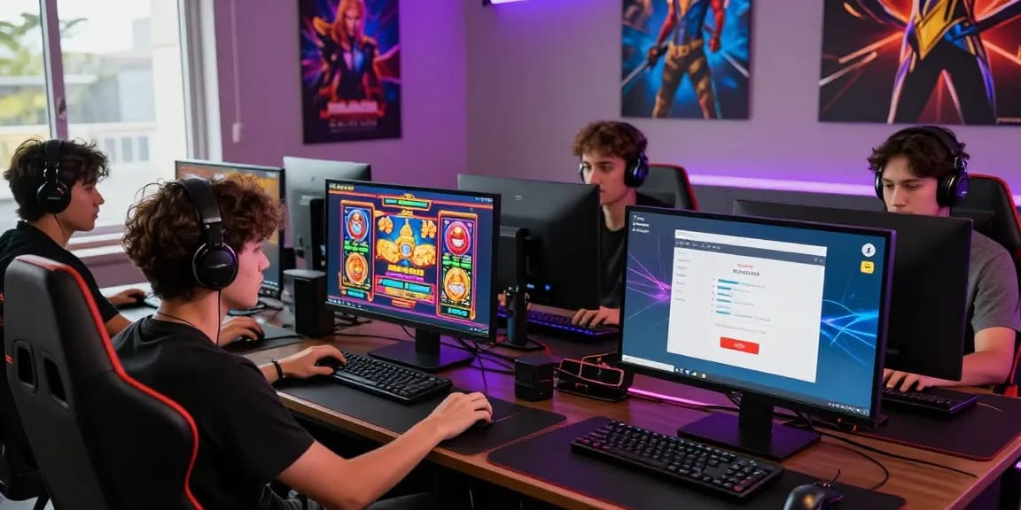 Exciting gaming scene depicting players enjoying situs judi slot on modern desktops, showcasing energy and colorful graphics.