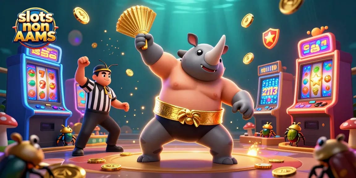 Giocatori nel casino non AAMS con macchine slot colorate e monete che volano.