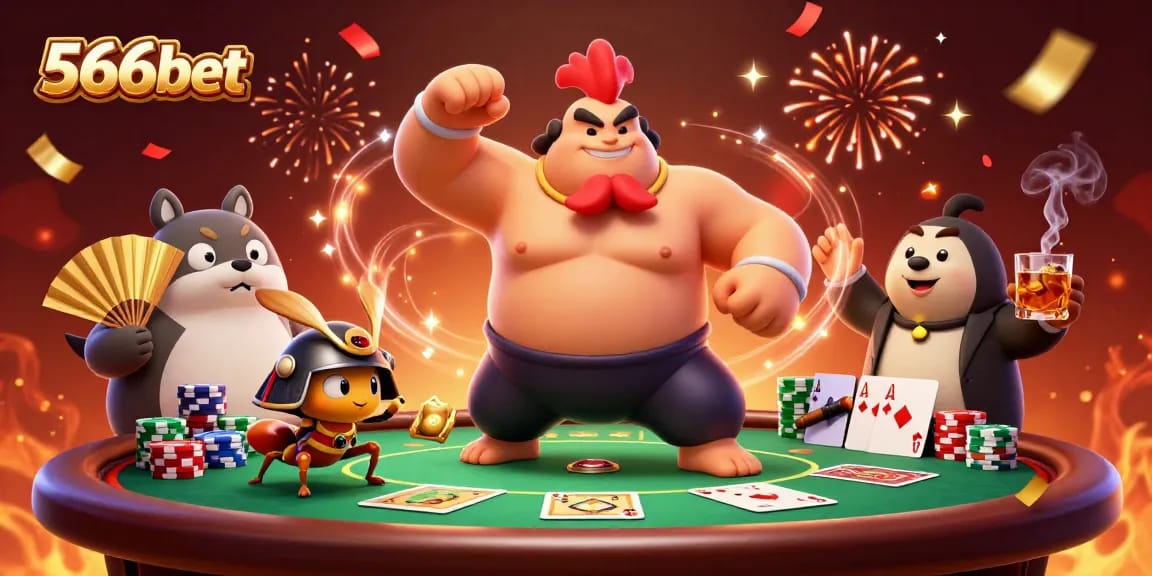 Engage in thrilling gameplay at 566bet with a dynamic scene featuring a powerful rooster and a samurai cricket.