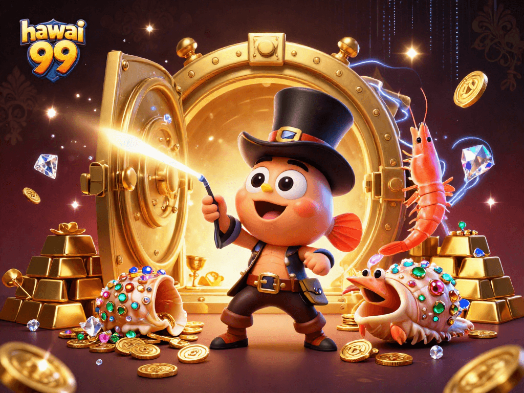 Experience excitement at hawai 99 with a dynamic underwater treasure hunt illustration featuring casino elements.