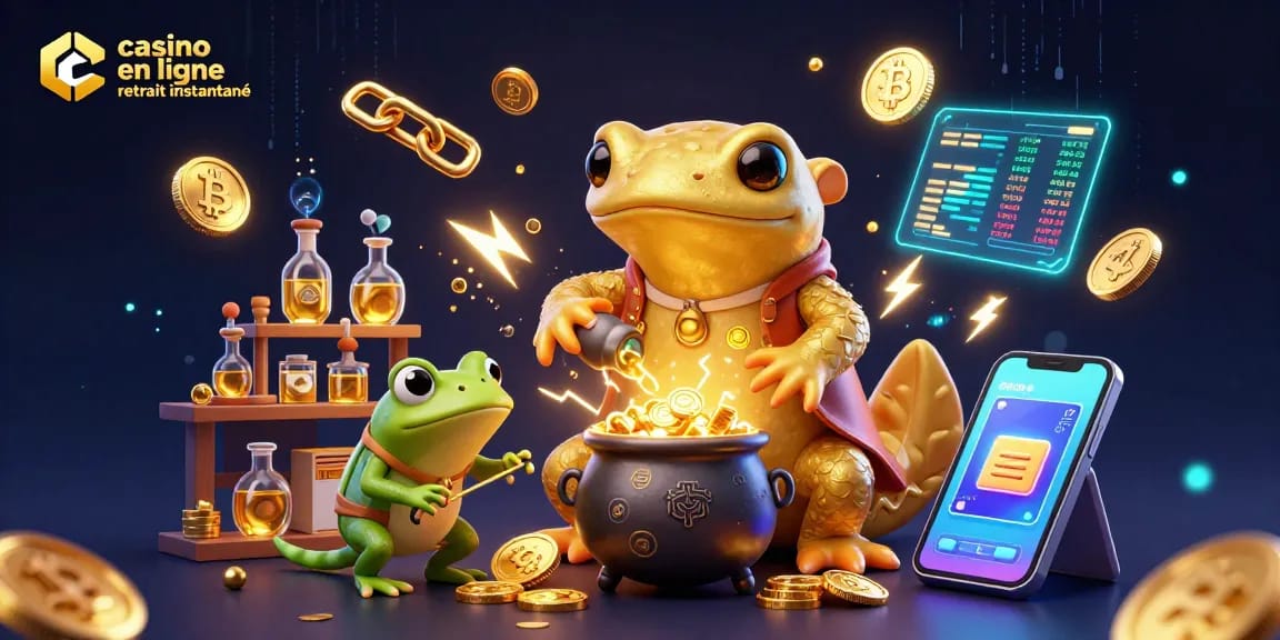 Plongez dans l'univers du casino en ligne retrait instantané avec une illustration 3D animée de personnages alchimiques, transmutant des richesses.