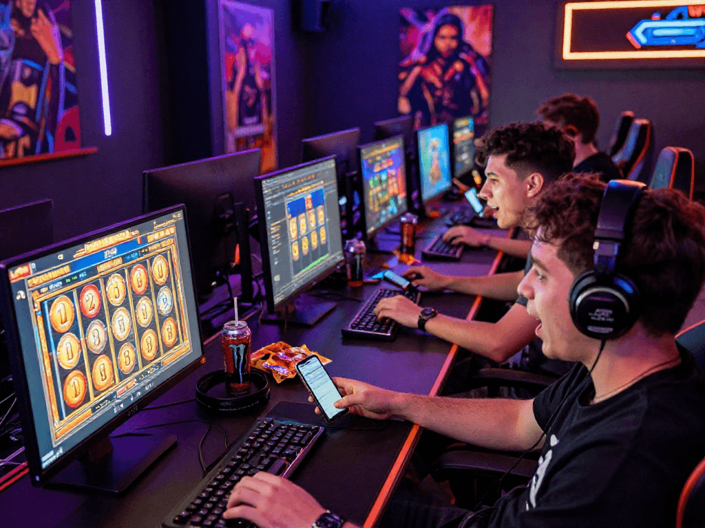 Players enjoying link slot games in a lively online gaming room.
