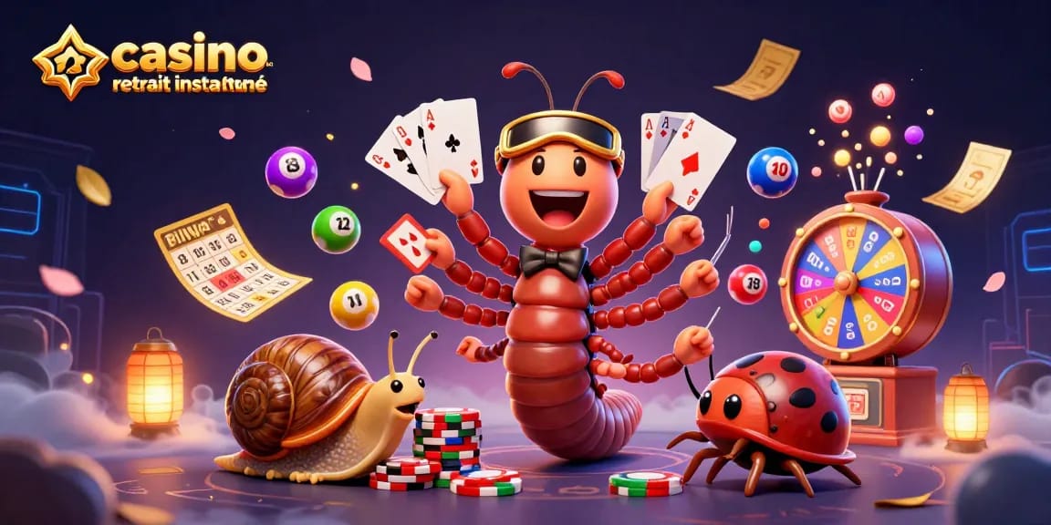 Illustration 3D d'un casino en ligne retrait instantané avec un croupier millipède et des éléments de jeu colorés.