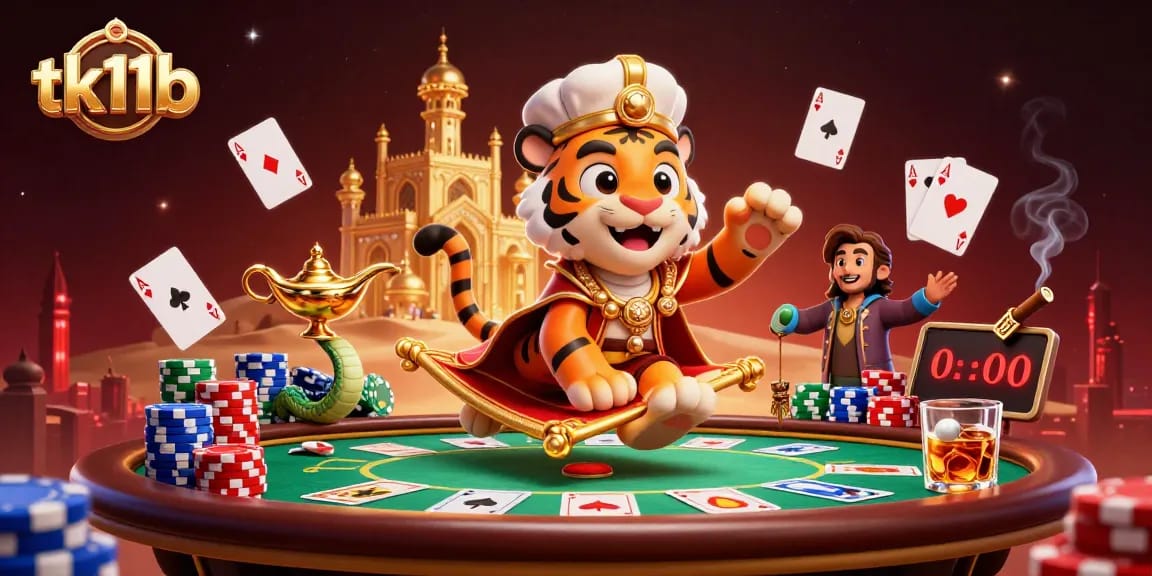 Unleash winnings on tk11b with a vibrant, dynamic casino illustration featuring a tiger sultan and poker elements.