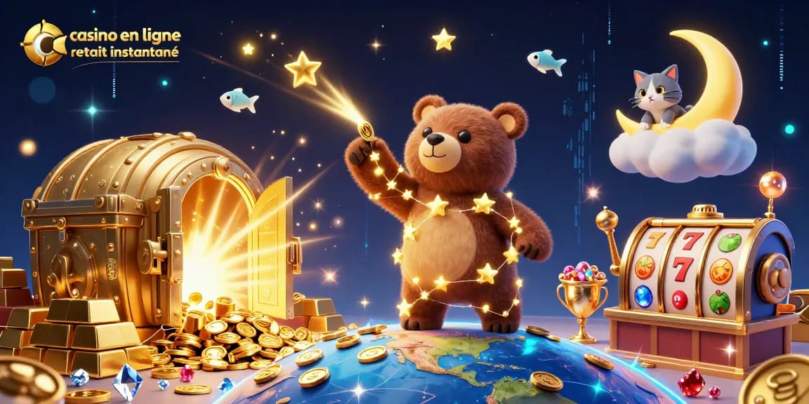 Jouez au casino en ligne retrait instantané avec une scène magique d'ours constellation, pièces et trésors scintillants.