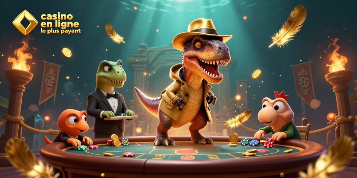 Les personnages du casino en ligne le plus payant animent une scène colorée de jeu avec un velociraptor.
