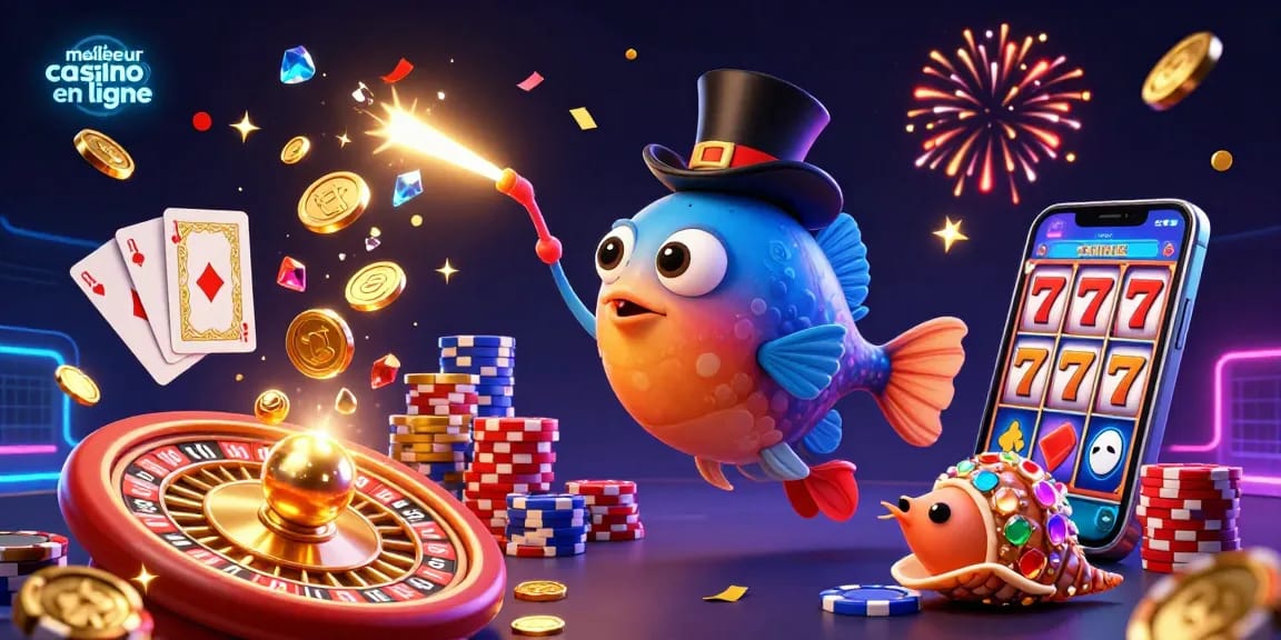 Illustration dynamique du meilleur casino en ligne avec des personnages marins et des éléments de jeu captivants.