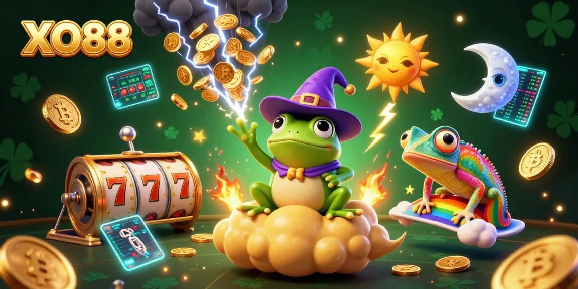 Experience thrilling gaming with XO88 as the wizard frog conjures golden coins in this vibrant casino illustration.