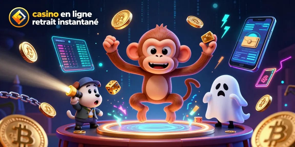 Casino en ligne retrait instantané: Illustration dynamique avec un singe poltergeist et un chiot chassant des trésors dans un casino hanté.